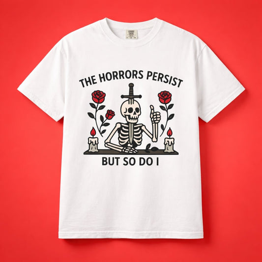 High contrast product shot of the white skeleton meme shirt on a red background.