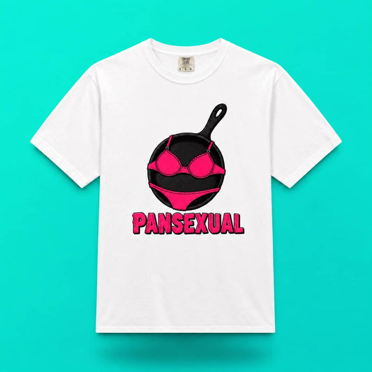 White Literal Pansexual t-shirt displayed flat against a bright cyan blue background.