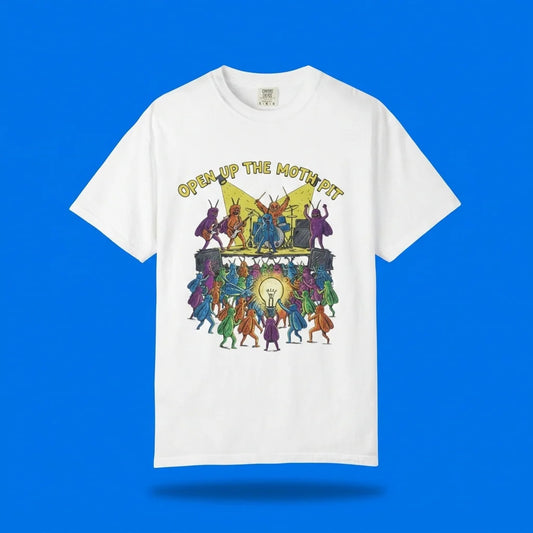 A white Comfort Colors t-shirt featuring the "Open Up The Moth Pit" graphic, centered against a vibrant solid blue background with a soft drop shadow.
