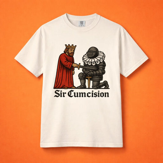 Flat lay of an ivory t-shirt with a graphic of a knight with a large collar being dubbed by a king.