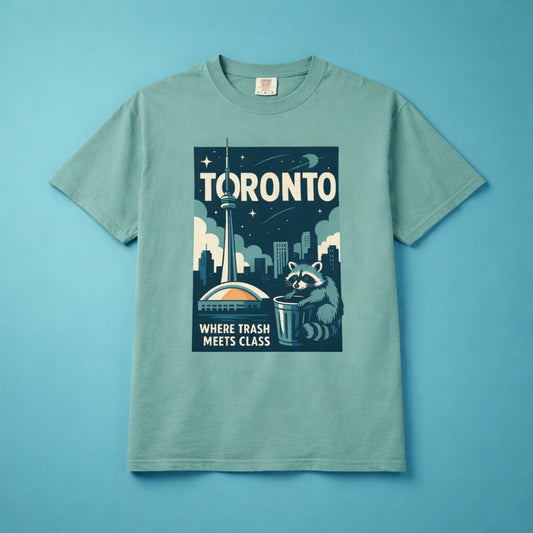 High quality mockup of the Toronto raccoon design on a soft green background.
