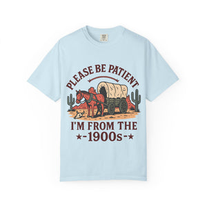 Flat lay of the Please Be Patient I'm From The 1900s tee in Light Blue.