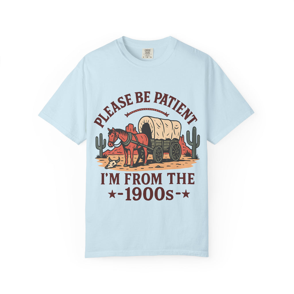 Flat lay of the Please Be Patient I'm From The 1900s tee in Light Blue.