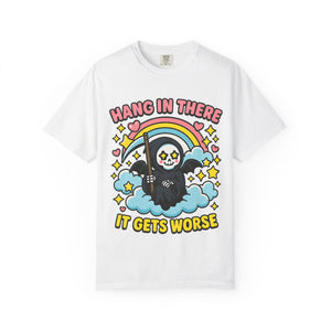 White Comfort Colors t-shirt flat lay featuring funny existential dread meme graphic.