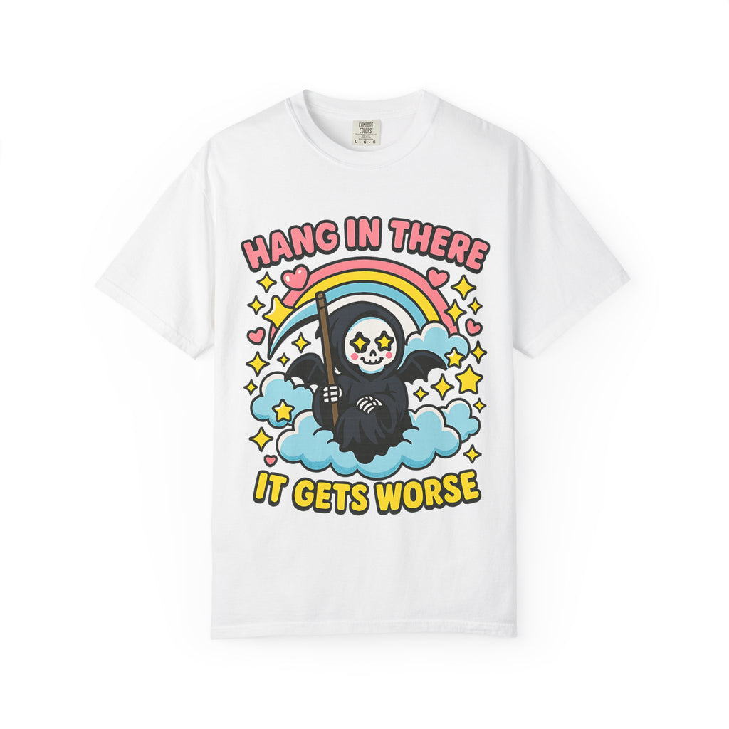 White Comfort Colors t-shirt flat lay featuring funny existential dread meme graphic.