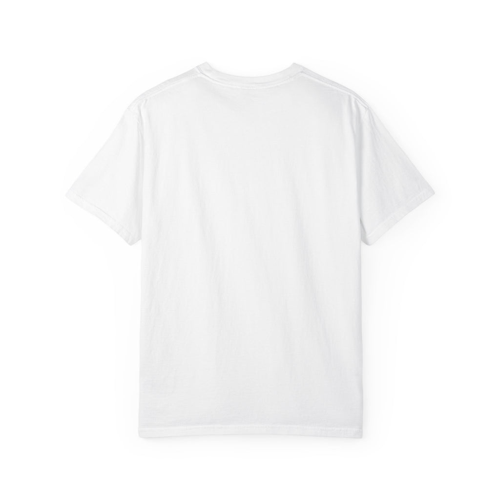 Flat lay showing the blank back side of a classic white Comfort Colors 1717 t-shirt.