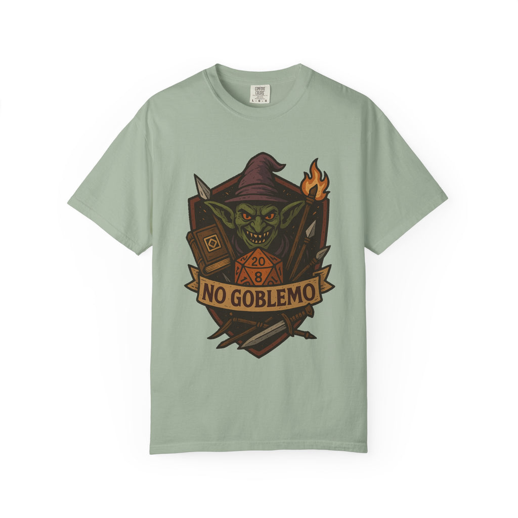 Flat lay of bay green cotton t-shirt featuring retro fantasy goblin and D20 dice illustration