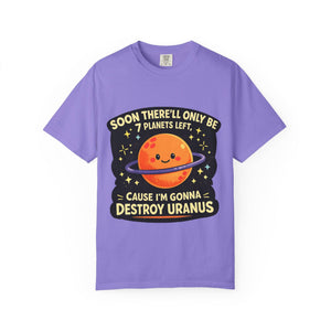 Flat lay of a purple Comfort Colors graphic tee featuring a funny space pun about destroying Uranus on a white background.