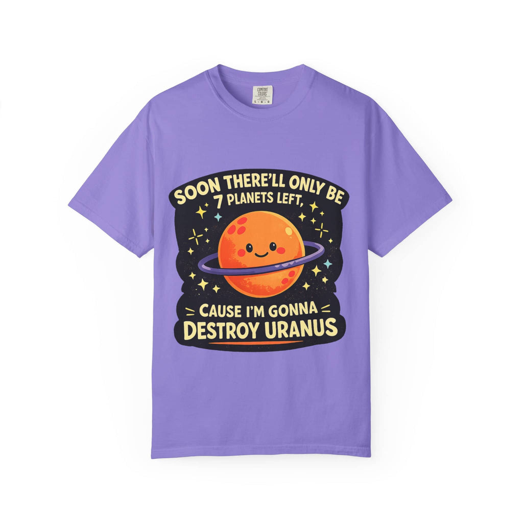 Flat lay of a purple Comfort Colors graphic tee featuring a funny space pun about destroying Uranus on a white background.