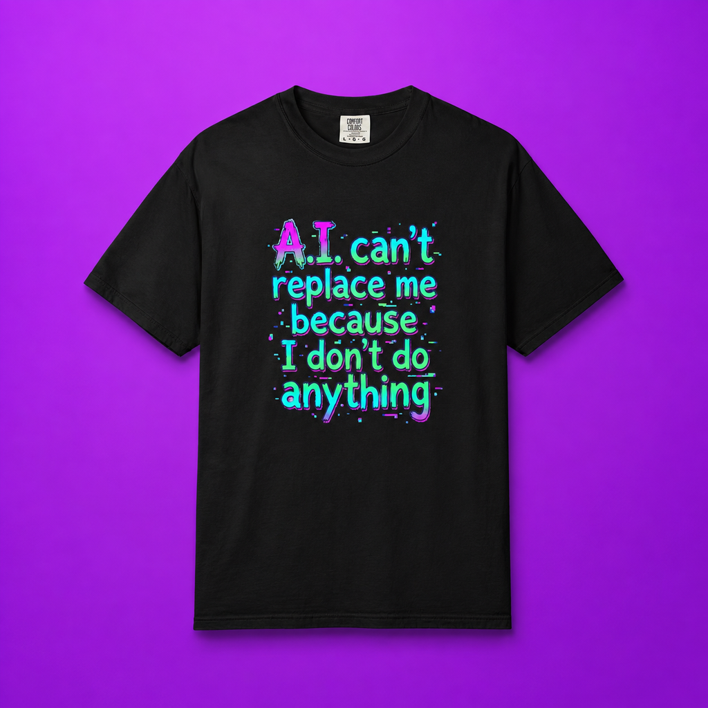 Flat lay product view of a black Comfort Colors t-shirt featuring the colorful glitch-style meme graphic, laid out flat against a vibrant purple background.
