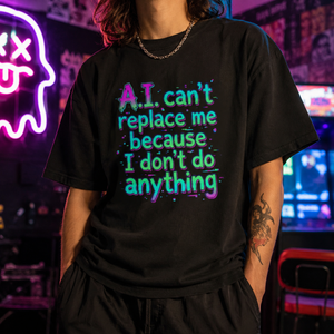 A person wearing a black "A.I. can't replace me because I don't do anything" t-shirt, standing in a dimly lit arcade room with neon lighting in the background.