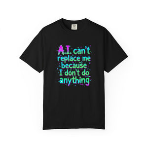 Professional front mockup view of the black Comfort Colors t-shirt with the colorful glitch meme print displayed on a pure white background.