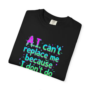 A neatly folded black Comfort Colors t-shirt showcasing the top portion of the colorful meme text graphic and collar tag.
