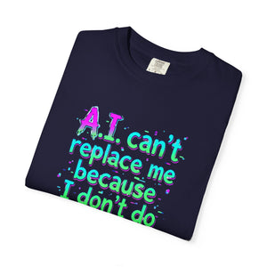 A neatly folded True Navy Comfort Colors t-shirt showcasing the top portion of the meme graphic and collar tag.