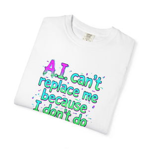 A neatly folded white Comfort Colors t-shirt displaying the top portion of the vibrant meme text graphic and collar tag.
