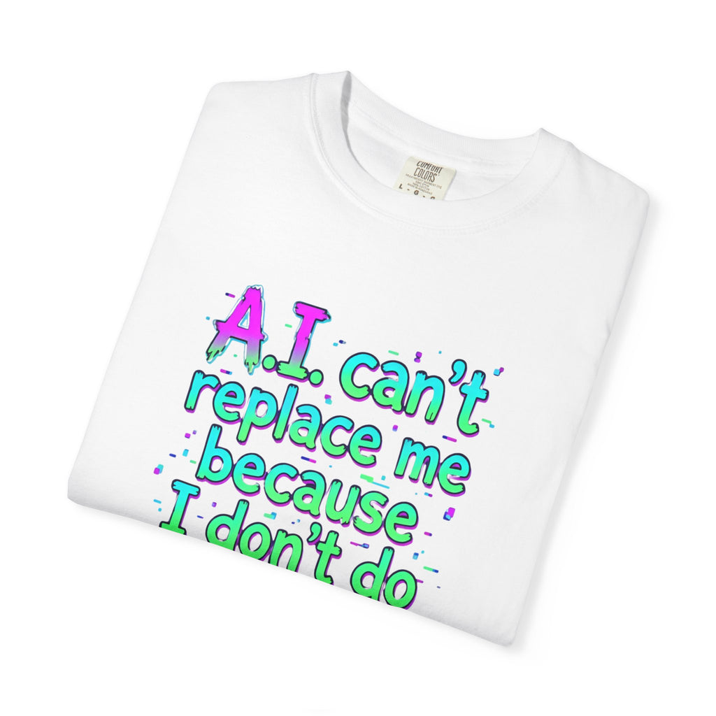 A neatly folded white Comfort Colors t-shirt displaying the top portion of the vibrant meme text graphic and collar tag.