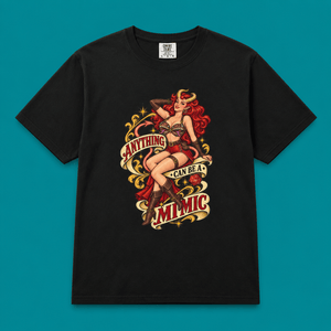 Vintage black D&D pinup t-shirt flat lay mockup centered on a rich dark teal blue gradient background.