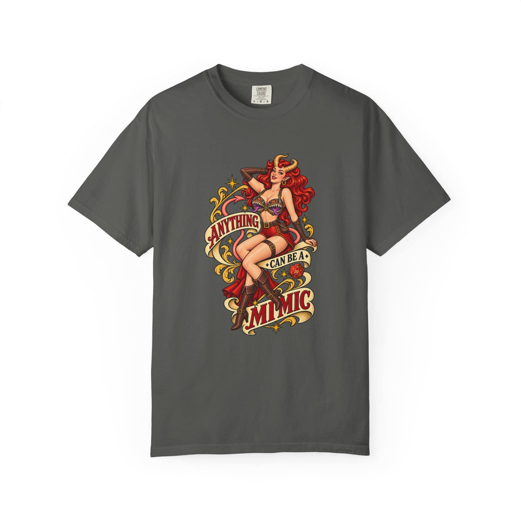 A dark gray crewneck t-shirt featuring a vintage-style pin-up graphic of a woman with red hair and the text 'ANYTHING CAN BE A MIMIC' in red and gold.