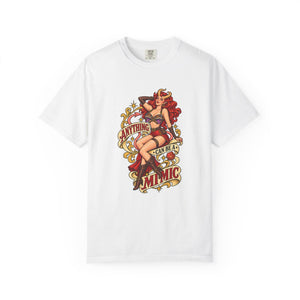Crisp white heavy cotton graphic tee displaying a classic retro pin-up flash art style D&D monster joke print on a white studio background.