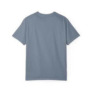 Back view of blue jean cotton meme t-shirt. 