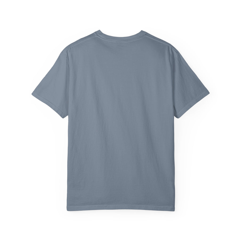 Back view of blue jean cotton meme t-shirt. 