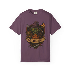 Flat lay of berry red cotton t-shirt featuring retro fantasy goblin and D20 dice illustration