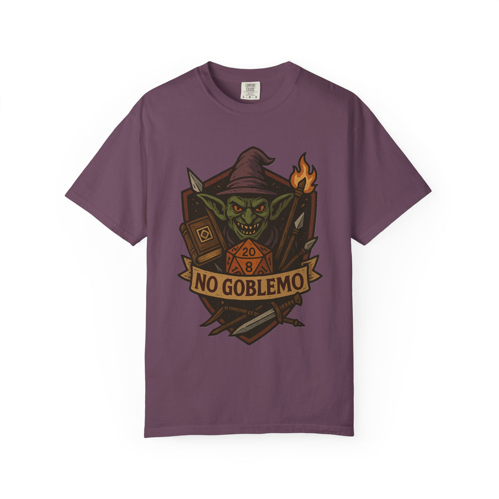 Flat lay of berry red cotton t-shirt featuring retro fantasy goblin and D20 dice illustration