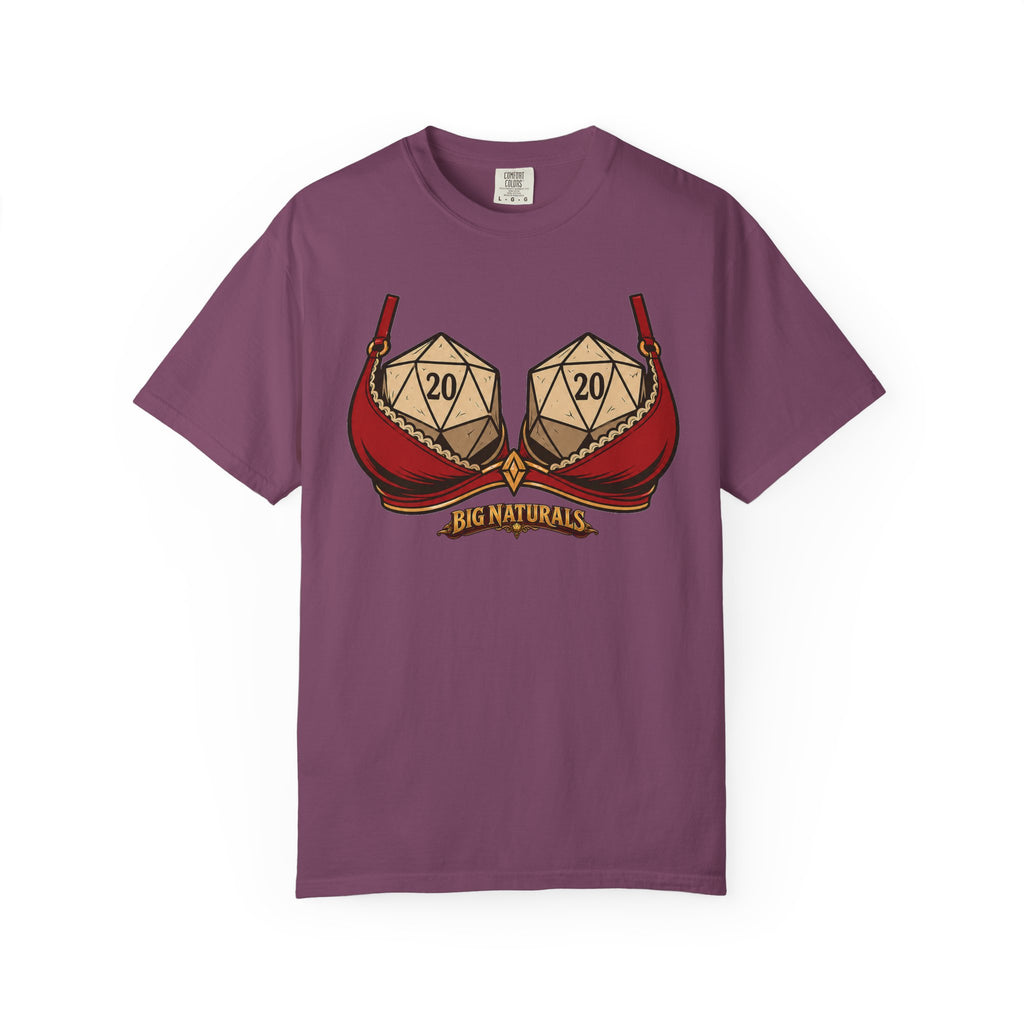 Purple t-shirt with a graphic design of dice in red bra straps on a white background