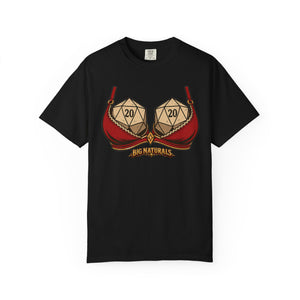 mockup of a classic black Comfort Colors t-shirt featuring the humorous "Big Naturals" D20 bra design, isolated on a clean white background.