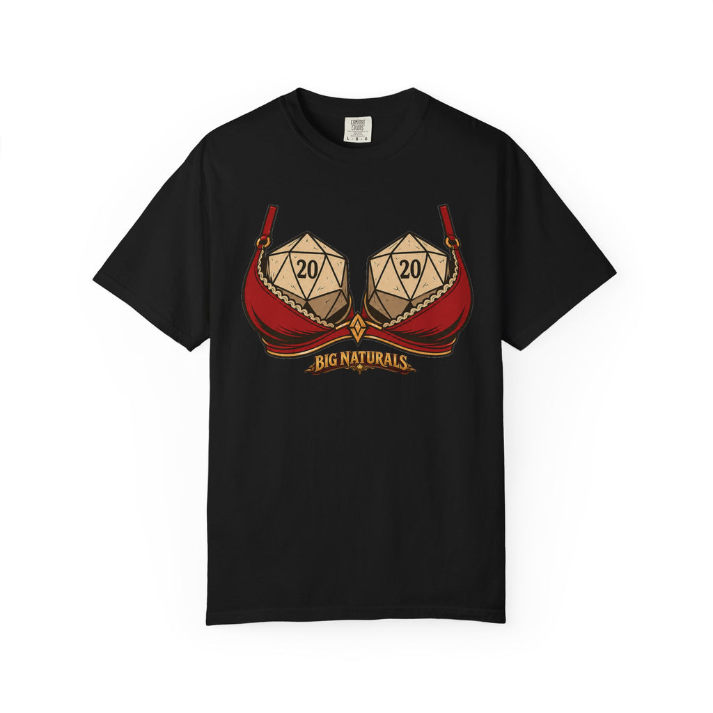 mockup of a classic black Comfort Colors t-shirt featuring the humorous "Big Naturals" D20 bra design, isolated on a clean white background.