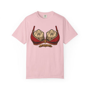 Front view mockup of a Blossom light pink Comfort Colors t-shirt featuring the funny "Big Naturals" Natural 20 tabletop gaming graphic, isolated on a clean white background.