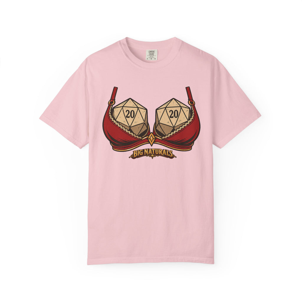 Front view mockup of a Blossom light pink Comfort Colors t-shirt featuring the funny "Big Naturals" Natural 20 tabletop gaming graphic, isolated on a clean white background.