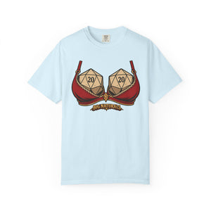 Front view mockup of a Chambray pastel blue Comfort Colors t-shirt featuring the funny "Big Naturals" Natural 20 tabletop RPG graphic, isolated on a clean white background