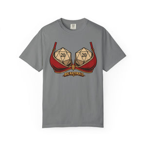 Front view mockup of a medium grey Comfort Colors t-shirt featuring the humorous "Big Naturals" D20 dice design, isolated on a clean white background
