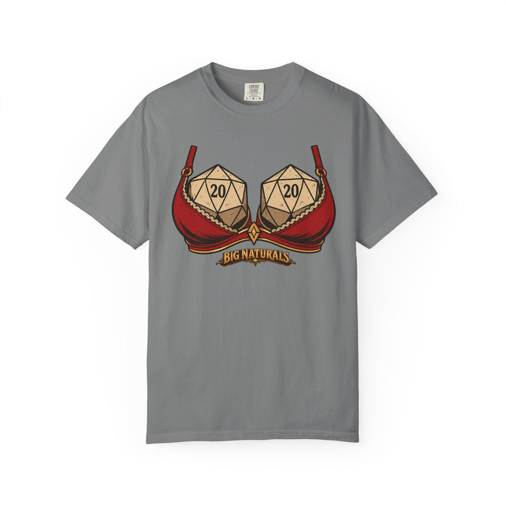 Front view mockup of a medium grey Comfort Colors t-shirt featuring the humorous "Big Naturals" D20 dice design, isolated on a clean white background