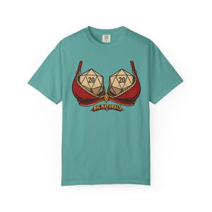 Teal t-shirt with a graphic design of dice in red bra straps on a white background