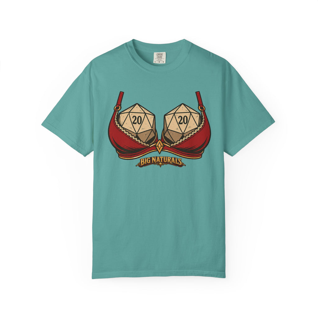 Teal t-shirt with a graphic design of dice in red bra straps on a white background
