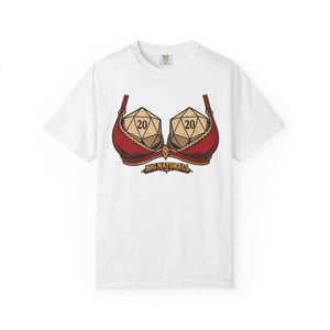 Front view mockup of a classic white Comfort Colors t-shirt featuring the funny "Big Naturals" D20 dice gaming graphic, isolated on a clean white background.
