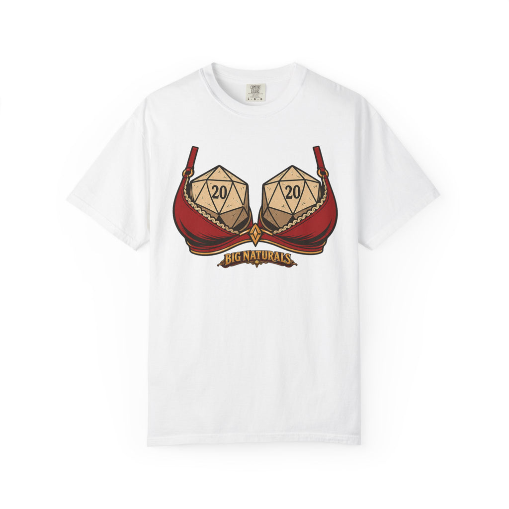 Front view mockup of a classic white Comfort Colors t-shirt featuring the funny "Big Naturals" D20 dice gaming graphic, isolated on a clean white background.