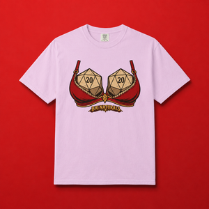 Flat lay mockup of the Orchid light purple Comfort Colors t-shirt featuring the funny "Big Naturals" Natural 20 tabletop RPG graphic, centered on a vibrant red background.
