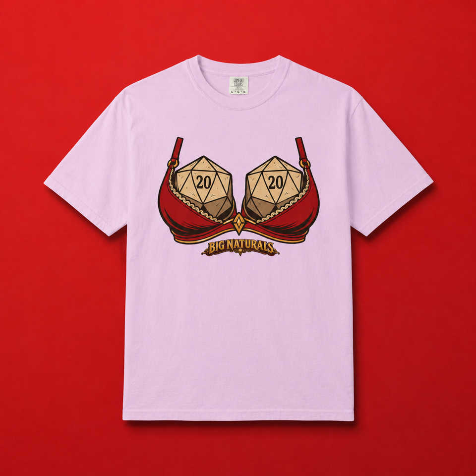 Flat lay mockup of the Orchid light purple Comfort Colors t-shirt featuring the funny "Big Naturals" Natural 20 tabletop RPG graphic, centered on a vibrant red background.