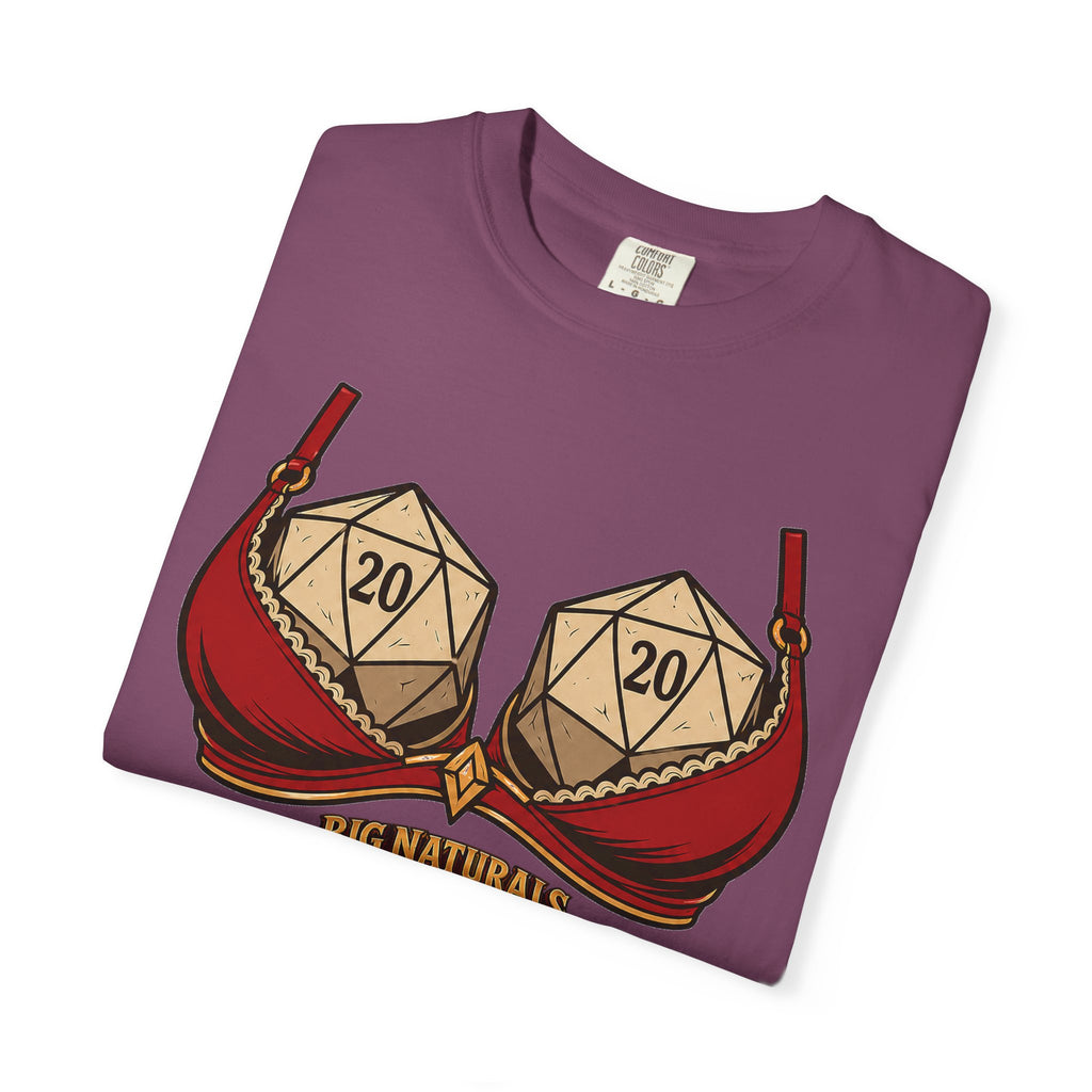 folded Berry plum-colored Comfort Colors t-shirt showing the humorous "Big Naturals" D20 dice gaming design against a solid white background.