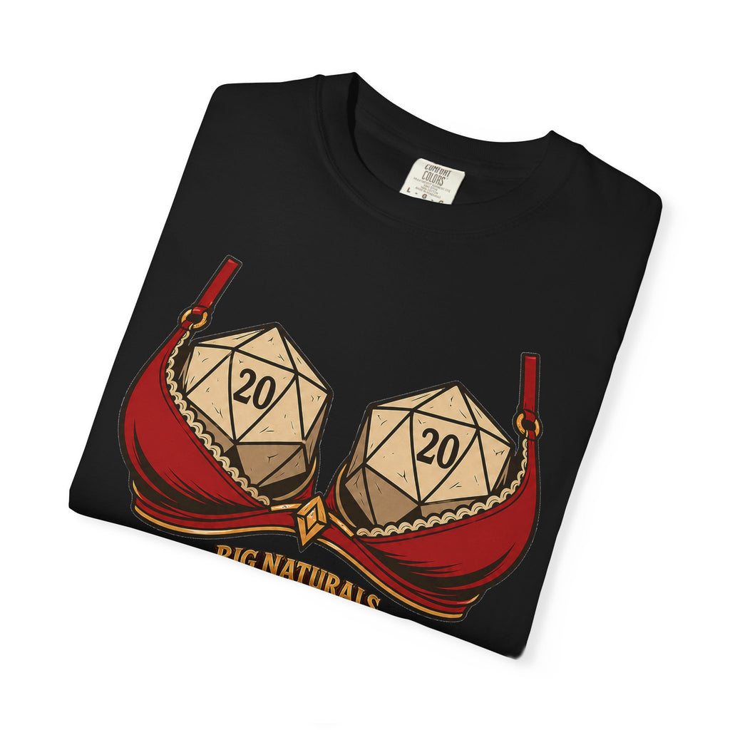 Black t-shirt with dice design and 'Big Naturals' text on a white background