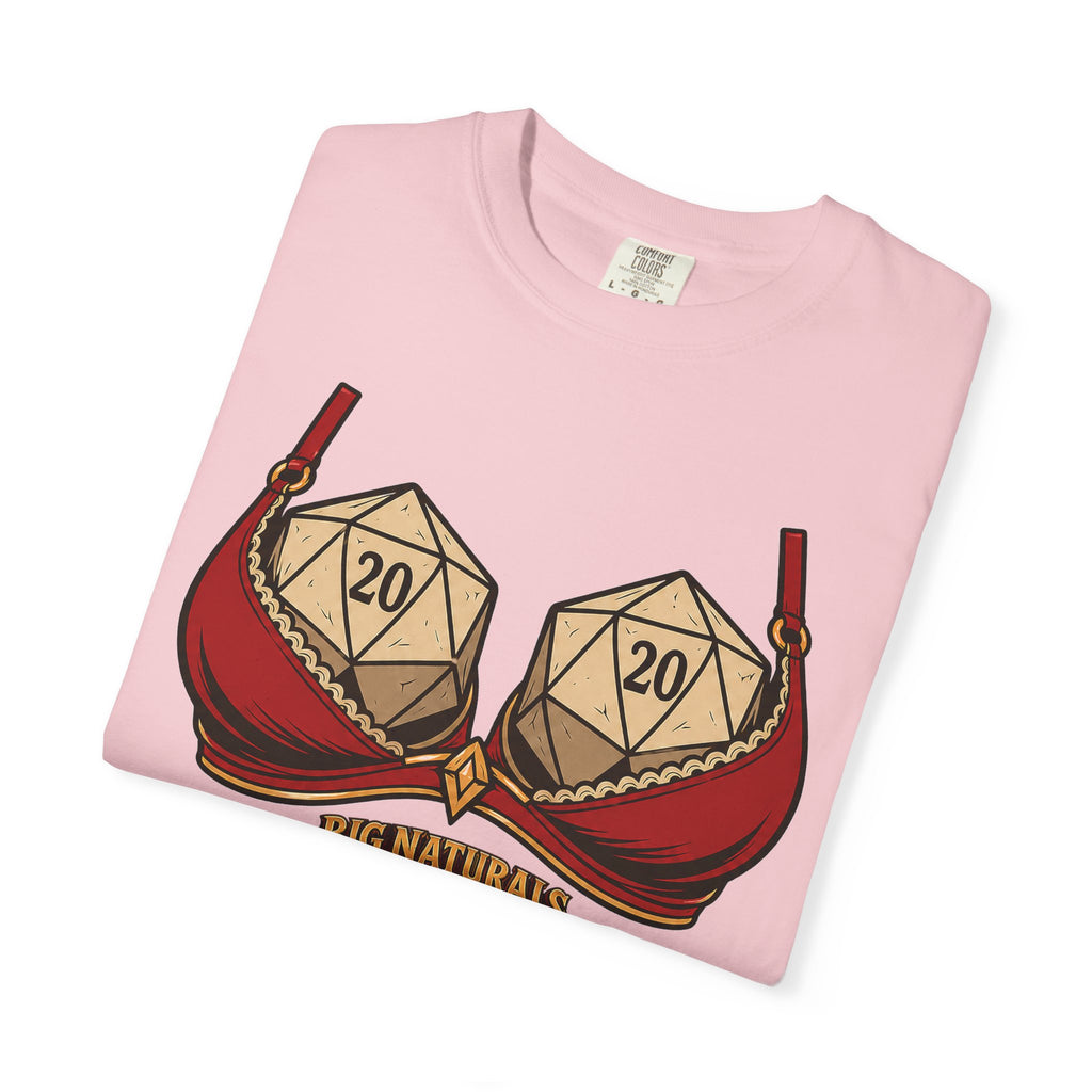 folded Blossom light pink Comfort Colors t-shirt displaying the funny "Big Naturals" D20 dice graphic against a plain white background.