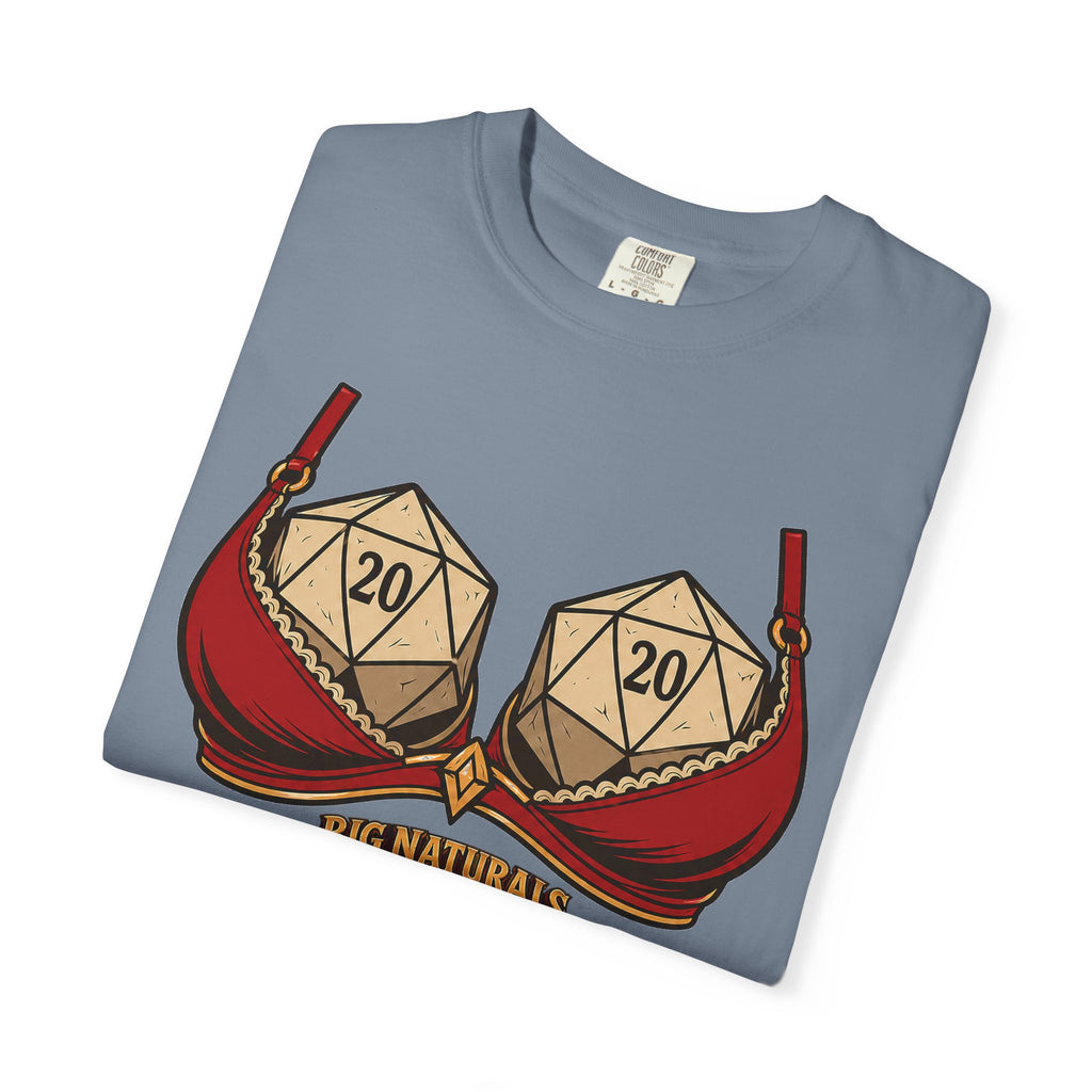 Folded gray t-shirt with dice design and 'Big Naturals' text on a white background