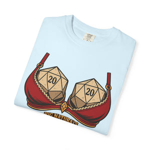 folded Chambray pastel blue Comfort Colors t-shirt displaying the funny "Big Naturals" Natural 20 gaming design against a white background.