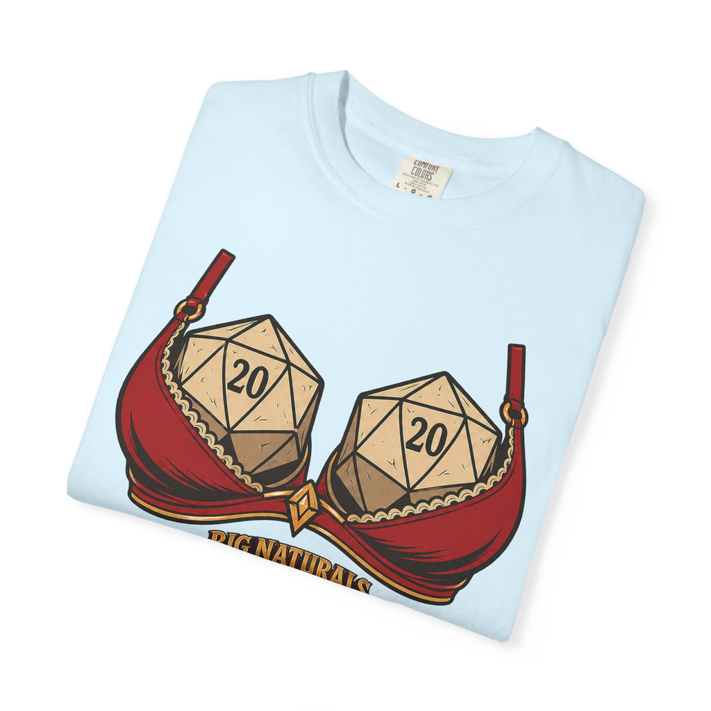 folded Chambray pastel blue Comfort Colors t-shirt displaying the funny "Big Naturals" Natural 20 gaming design against a white background.