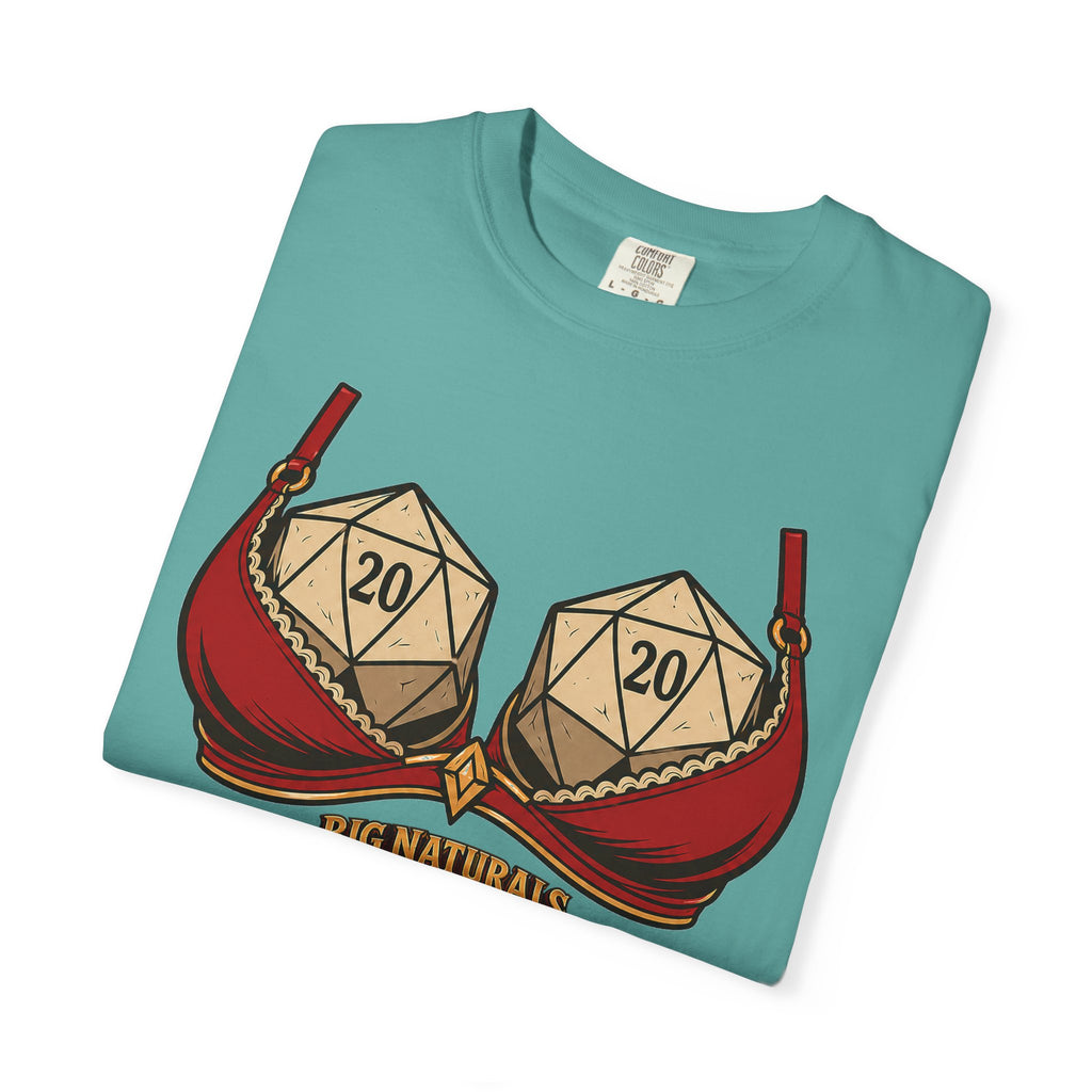 Neatly folded Seafoam teal green Comfort Colors t-shirt showcasing the funny "Big Naturals" Natural 20 graphic on a clean white background