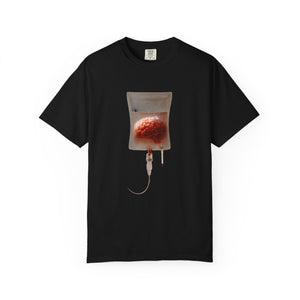 A black t-shirt displayed flat, featuring a surreal graphic of a brain inside an IV drip bag on the chest