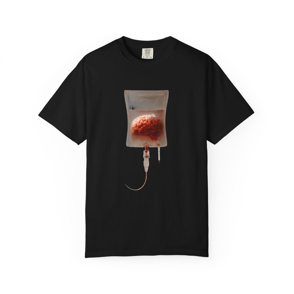 A black t-shirt displayed flat, featuring a surreal graphic of a brain inside an IV drip bag on the chest